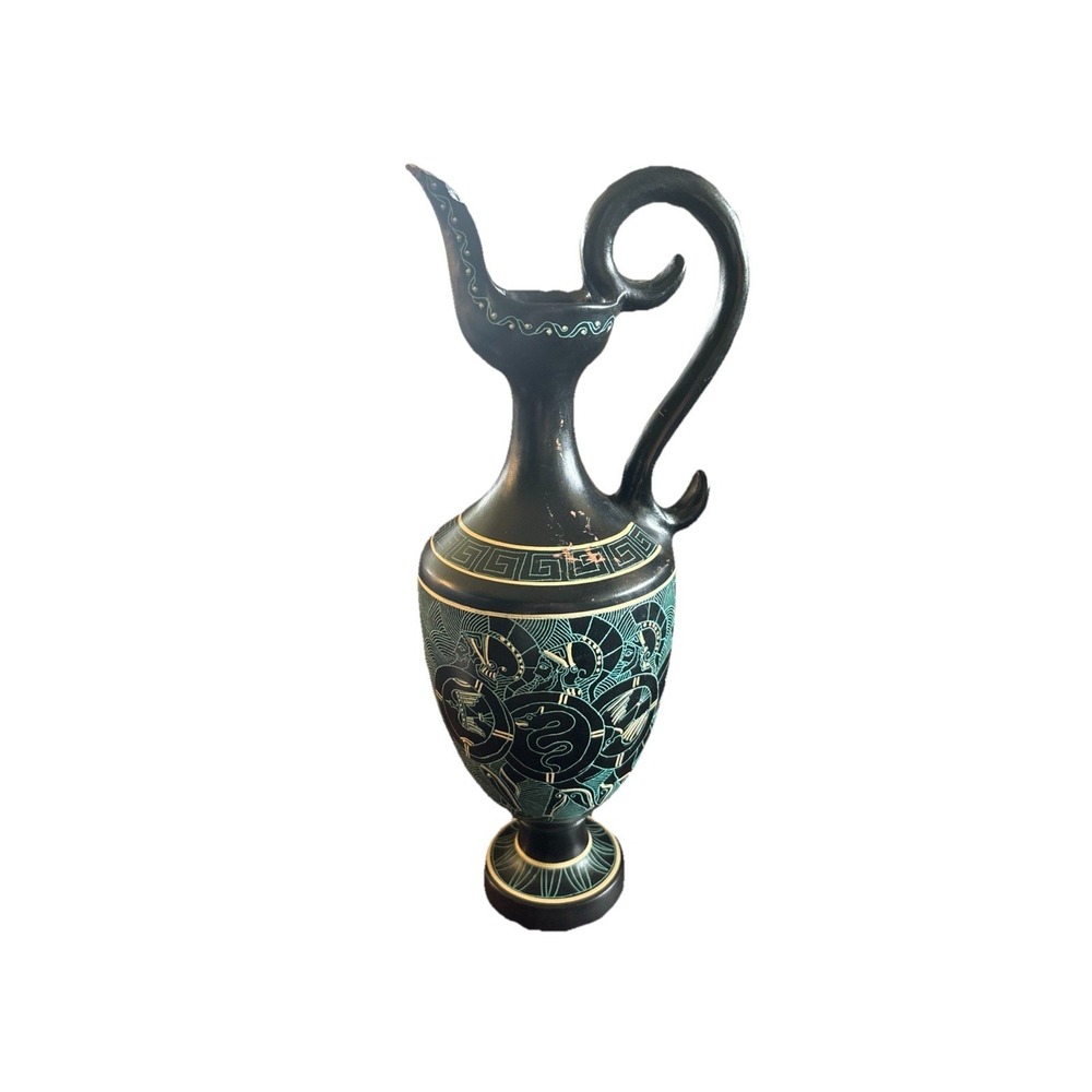 Vintage Handmade Black Green Handpainted Pottery Pitcher Made In Greece